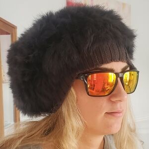 RUDSAK Gray Rabbit Fur Slouch Knit Rabbit Fur Beret Hat